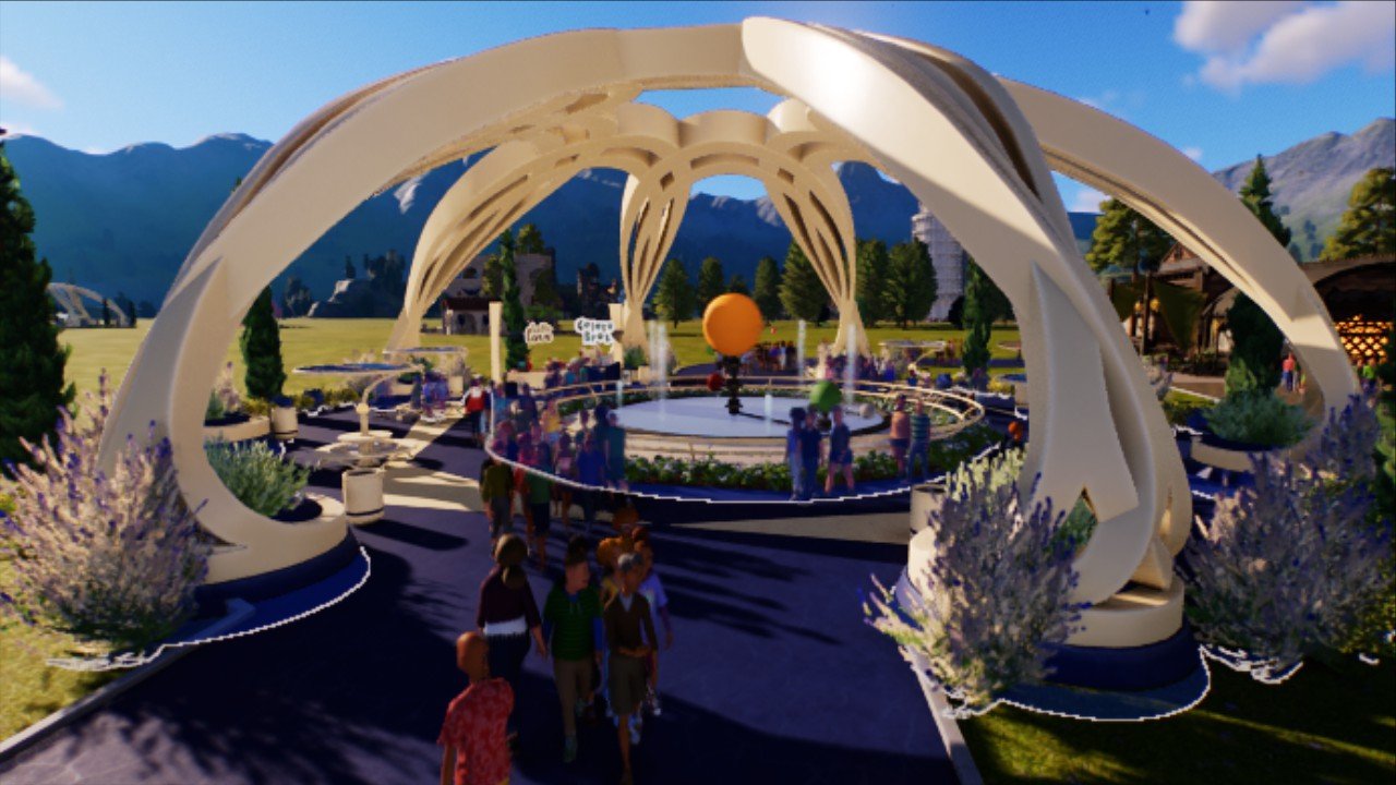 Celestial Plaza. Planet Coaster Themed Futuristic area