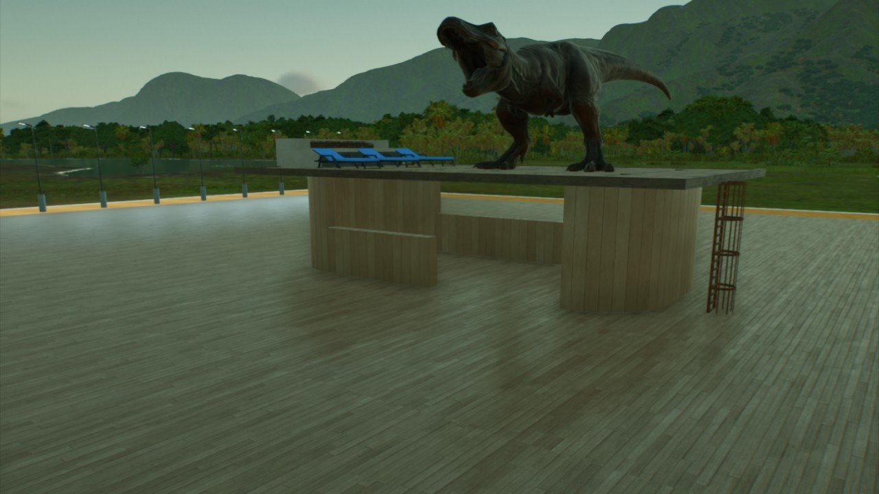 Guest lounging area with T-Rex - Workshop - Jurassic World Evolution 3