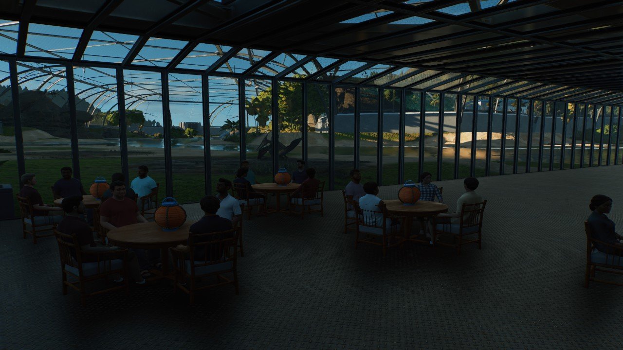 Aviary viewing stands & shopping mall with dining hall