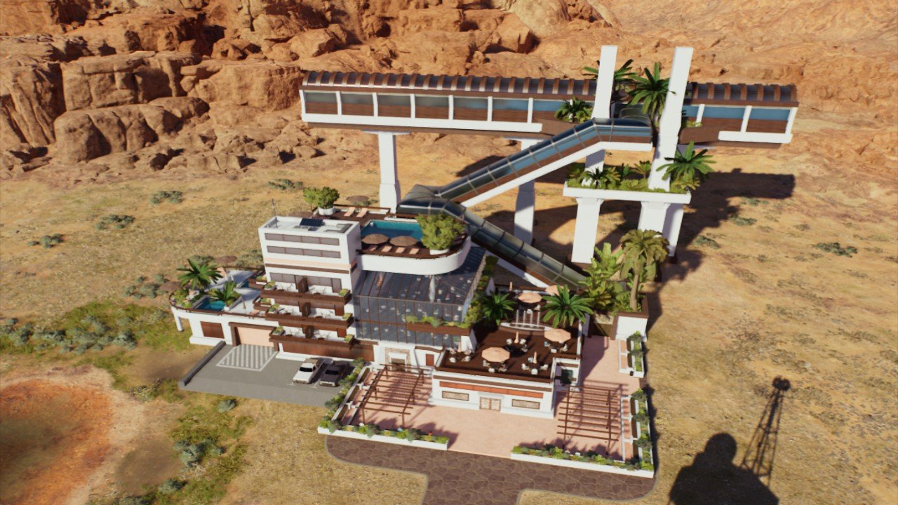 Hotel, Restrooms, Shelter and monorail.