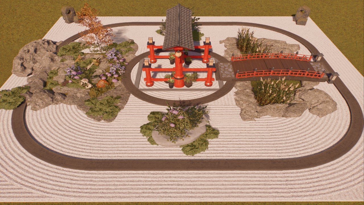 Zen Garden With Bridge, Shrine, Stones, and Pond