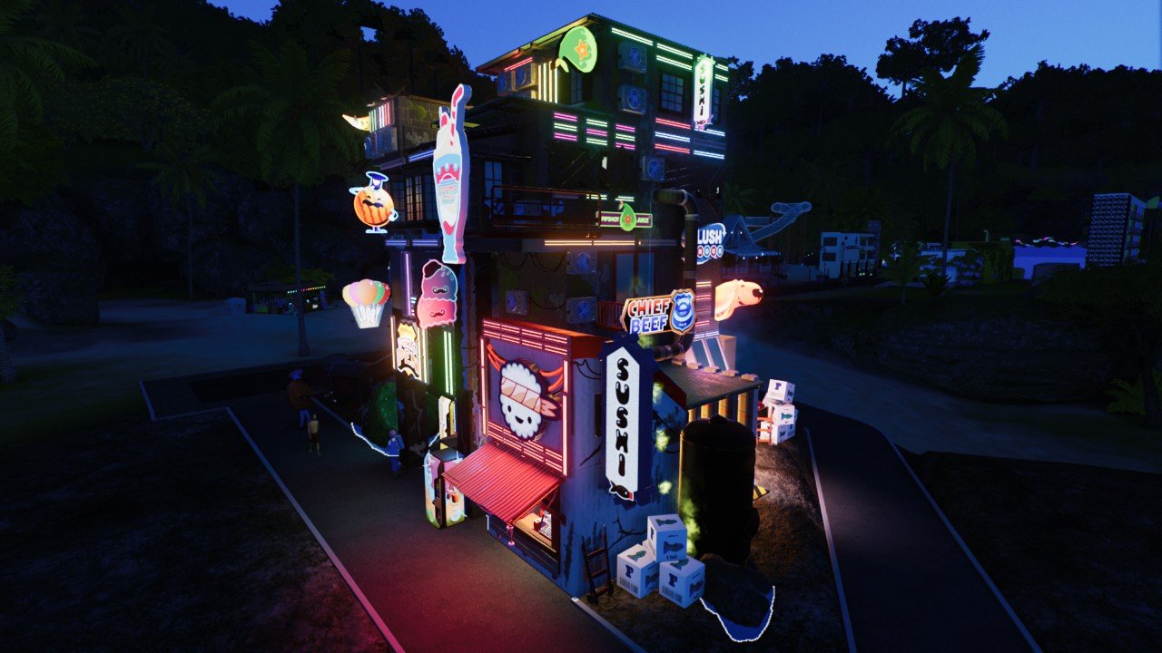 Cyberpunk building with shops