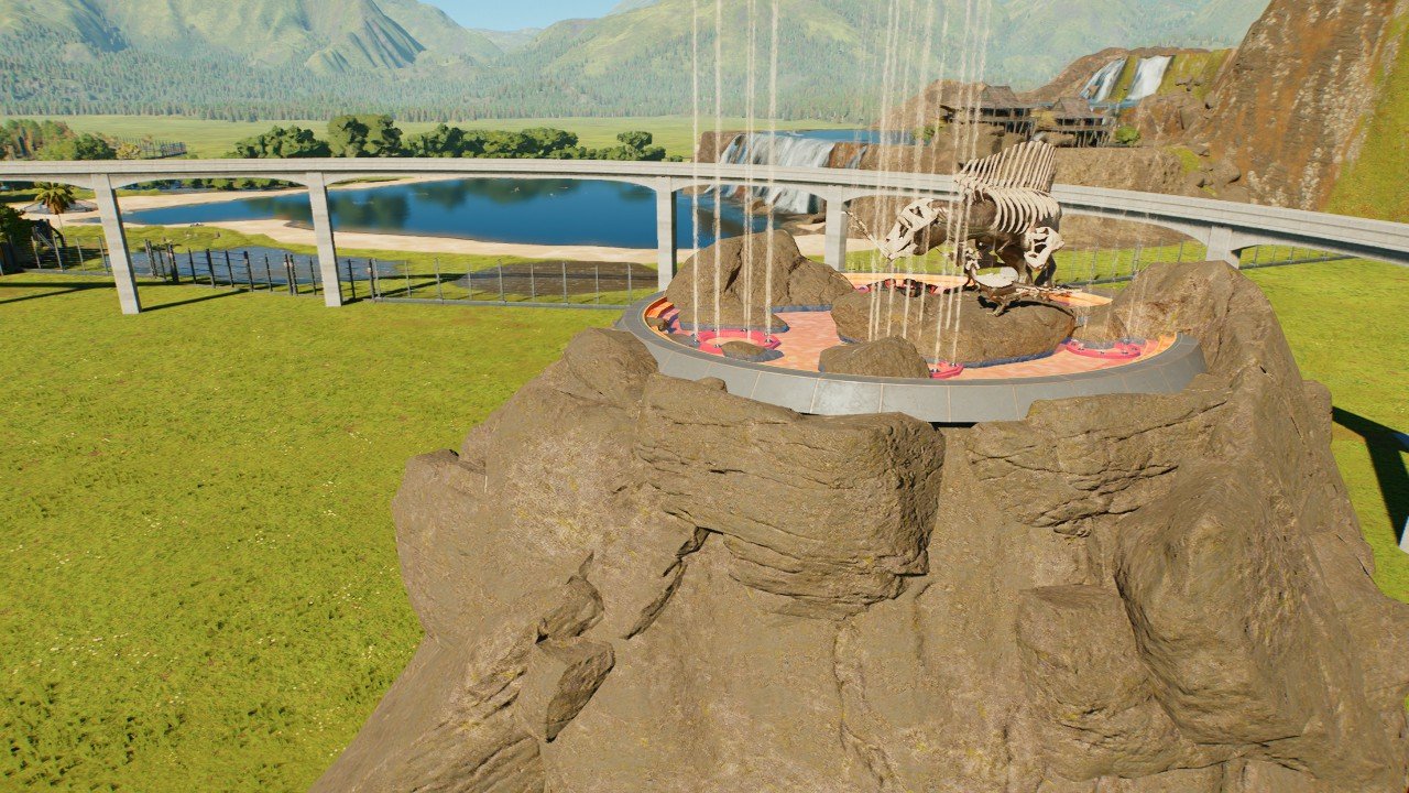 Volcano fountain with skeleton armored t rex