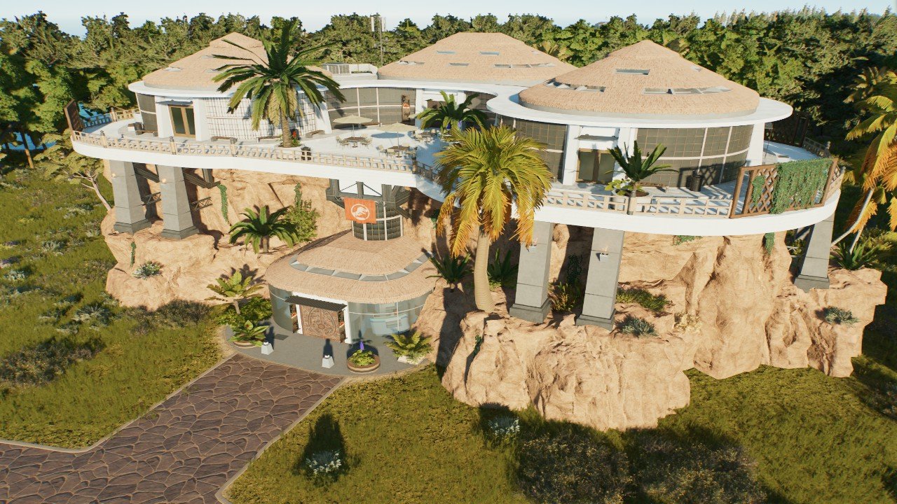 Jurassic park era luxery large hotel